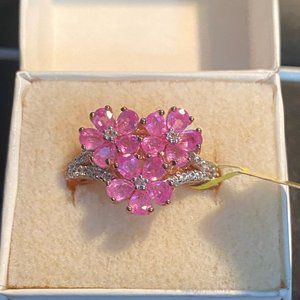 Pink Sapphire and Diamonds Floral Silver Ring, Size 8